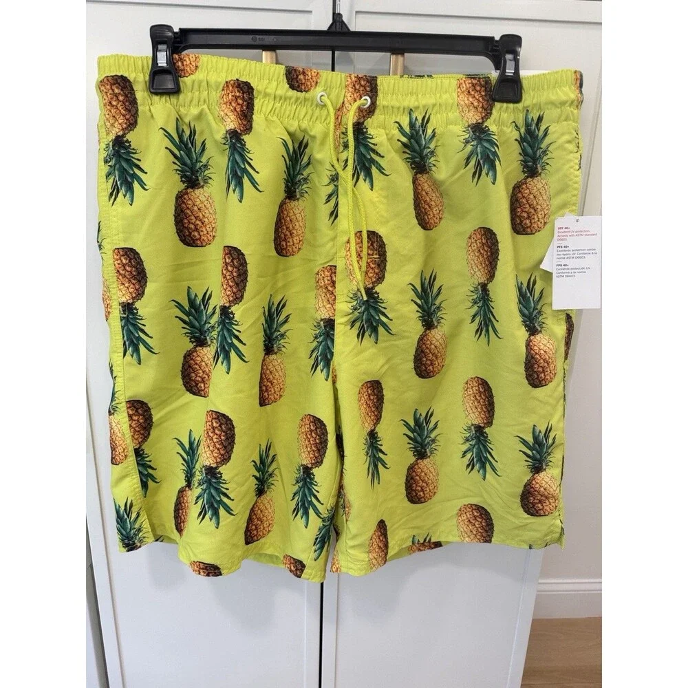 Old Navy Men's Large Pineapple Print Swim Trunks Mesh Liner 40+ UV New with NWT